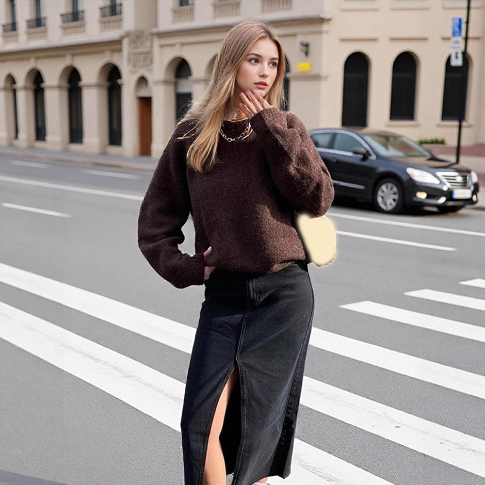 Damen Denim-Midirock mit hoher Taille, Frontschlitz und geradem Schnitt Shop Nory