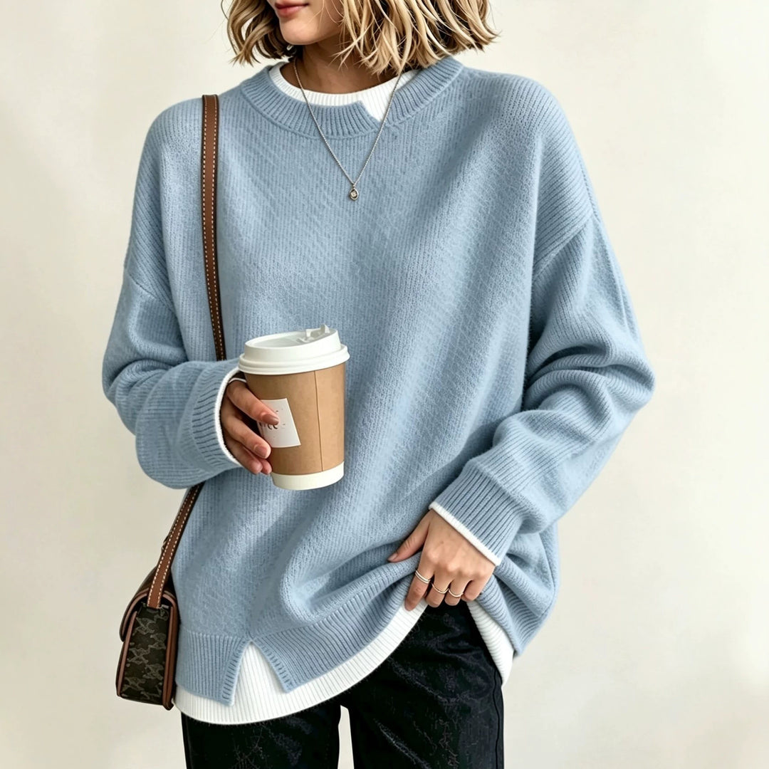 Damen Oversize Rundhals-Feinstrickpullover mit überschnittenen Schultern und Seitenschlitzen Shop Nory