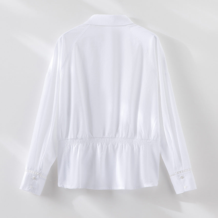 Damen Locker geschnittene Baumwollbluse mit Raffdetails und Hemdblusenkragen Shop Nory