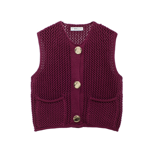 Damen gehäkelte Strickweste mit großen Zierknöpfen und Aufsatztaschen Shop Nory