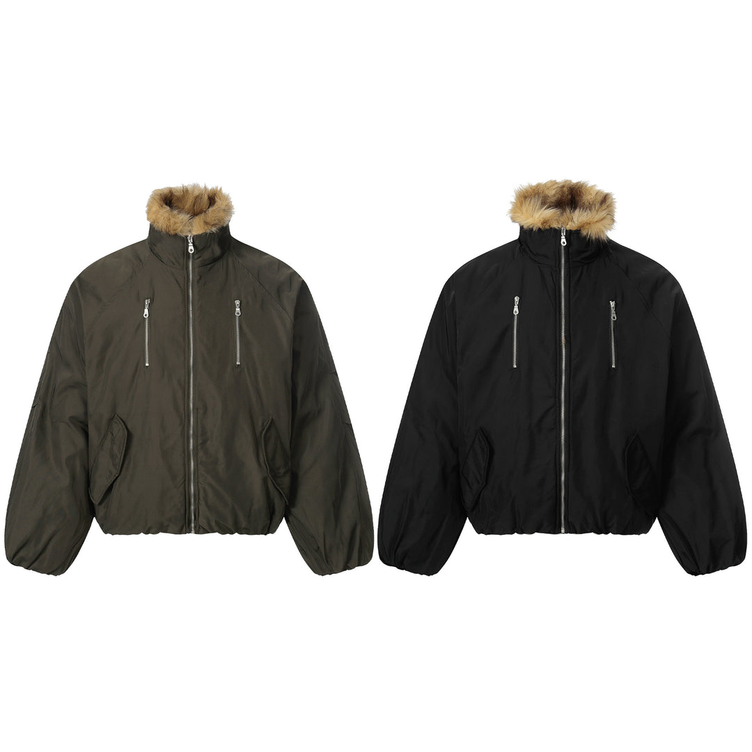 Herren Kurz geschnittener Boxy-Pufferjacke mit Kunstfellkapuze und vertikalen Reißverschlusstaschen Shop Nory