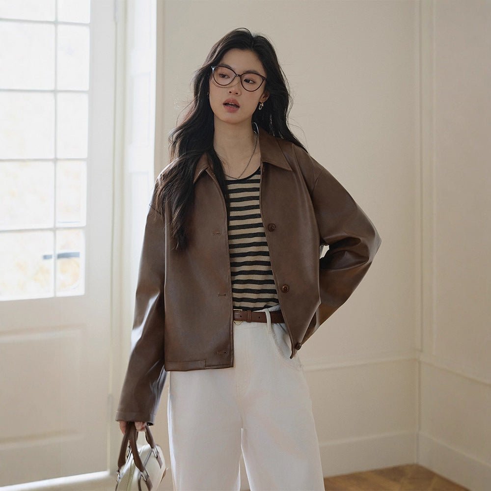Damen Boxy-Lederoptik-Jacke mit Hemdkragen und Knopfleiste Shop Nory