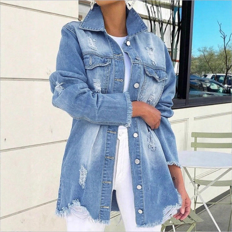 Damen Oversize-Denimjacke mit Destroyed-Details, längerem Schnitt und ausgefranstem Saum Shop Nory
