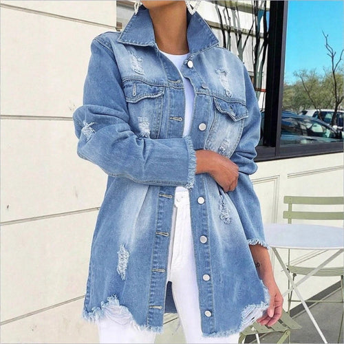 Damen Oversize-Denimjacke mit Destroyed-Details, längerem Schnitt und ausgefranstem Saum Shop Nory