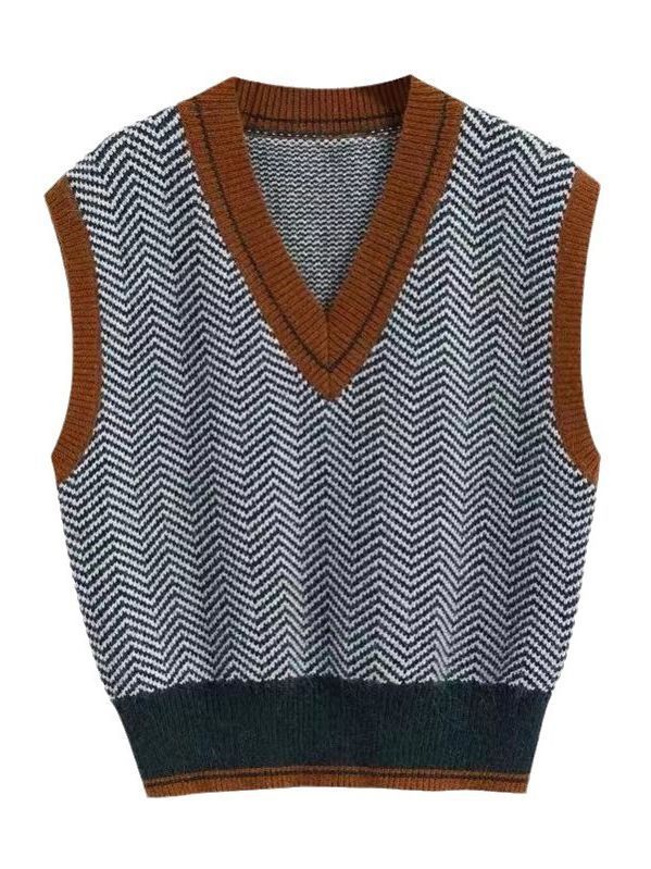 Damen Strickpullover mit V-Ausschnitt und modernem Zickzackmuster