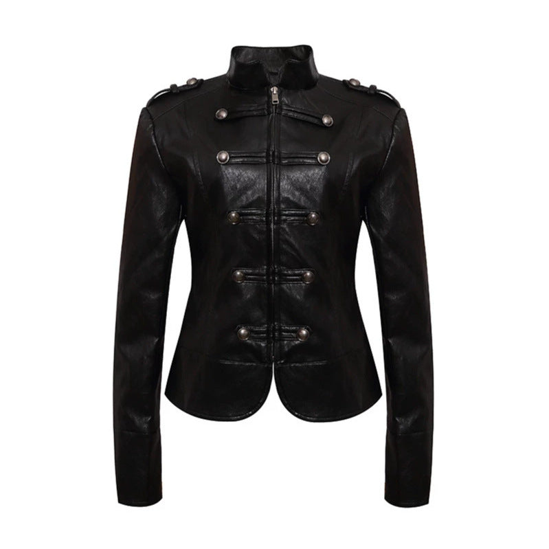 Damen figurbetonte Lederjacke im Military‑Stil mit Stehkragen und Zierknopf‑Blende Shop Nory