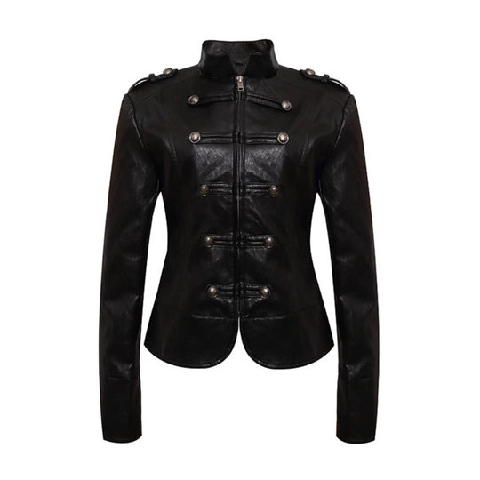 Damen figurbetonte Lederjacke im Military‑Stil mit Stehkragen und Zierknopf‑Blende Shop Nory