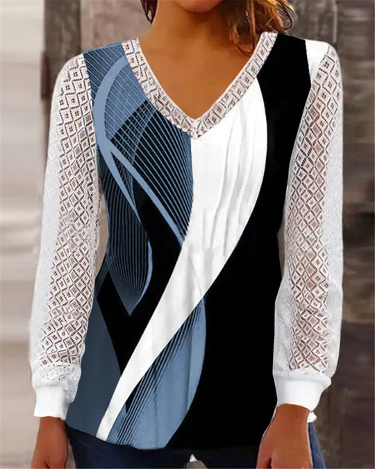 Damen V-Ausschnitt Bluse mit abstraktem Grafikprint und Spitzenärmeln Shop Nory