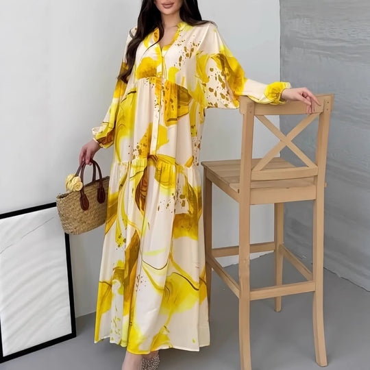 Damen Fließendes Stufenkleid mit Stehkragen, Ballonärmeln und Knopfleiste Shop Nory