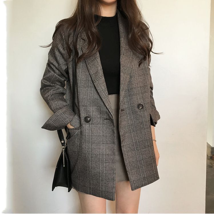 Damen Eleganter karierter Blazer mit doppelter Knopfleiste Shop Nory