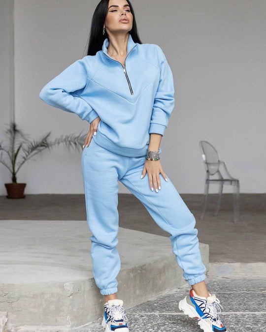 Damen Zweiteiliges Sweat-Loungewear-Set mit Troyer-Reißverschluss und elastischer Jogginghose Shop Nory