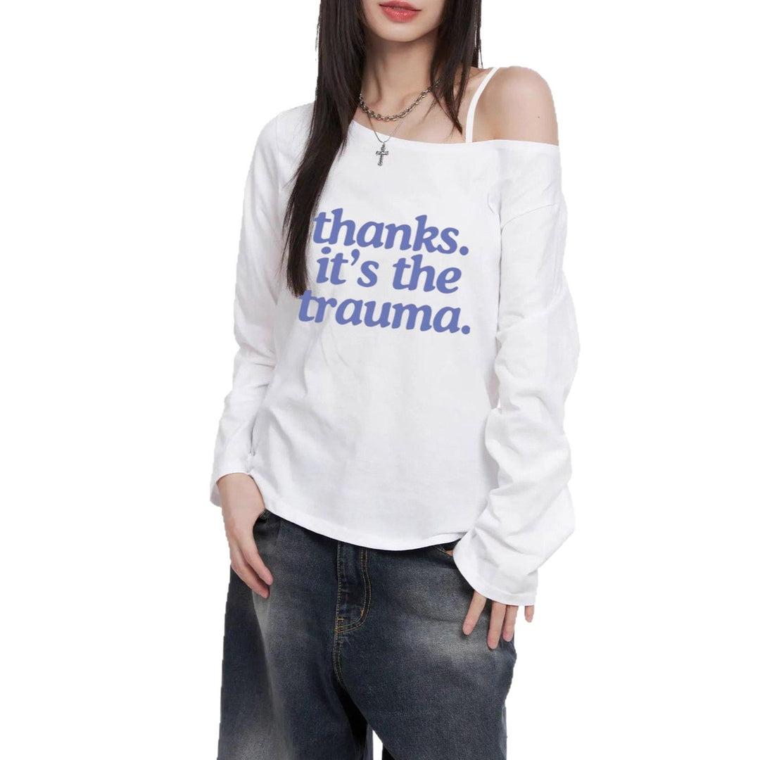 Damen nan Off-Shoulder Langarm-Cropshirt mit Statement-Print, asymmetrischem Ausschnitt und lockerem Oversize-Schnitt Shop Nory