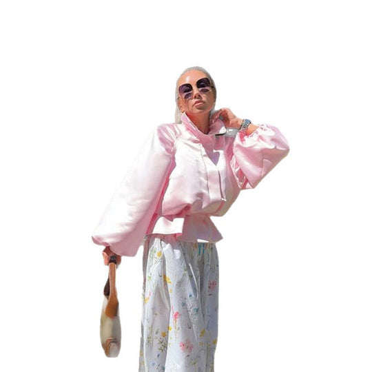 Damen Satin-Blusenjacke mit voluminösen Ballonärmeln, Stehkragen und taillierter Blende Shop Nory