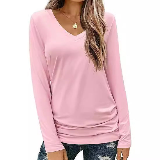 Damen Figurbetontes V‑Ausschnitt Langarmshirt aus Stretch‑Jersey mit leicht gerafftem Saum Shop Nory