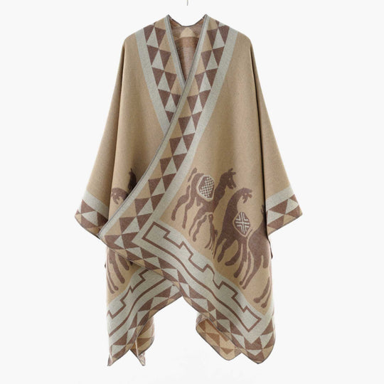 Damen Wolloptik-Poncho im Überwurfstil mit grafischem Reiter-Jacquard Shop Nory