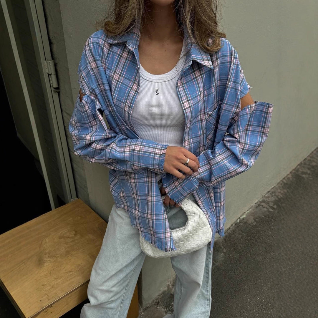 Damen karierte Oversize-Hemdjacke mit Cut-Out-Ärmeln und rohem Saum Shop Nory