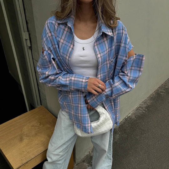 Damen karierte Oversize-Hemdjacke mit Cut-Out-Ärmeln und rohem Saum Shop Nory