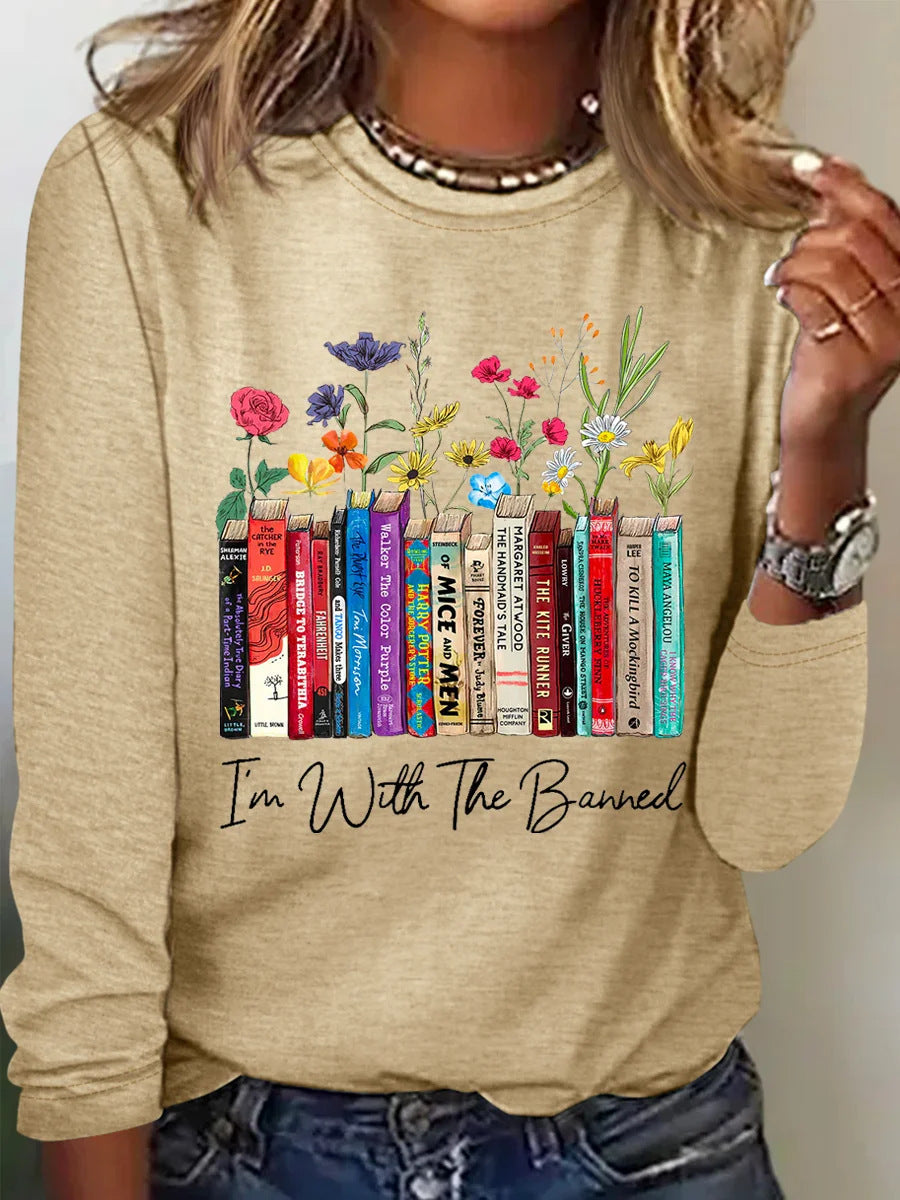 Damen Langarmshirt mit Bücher- und Blumenmotiv