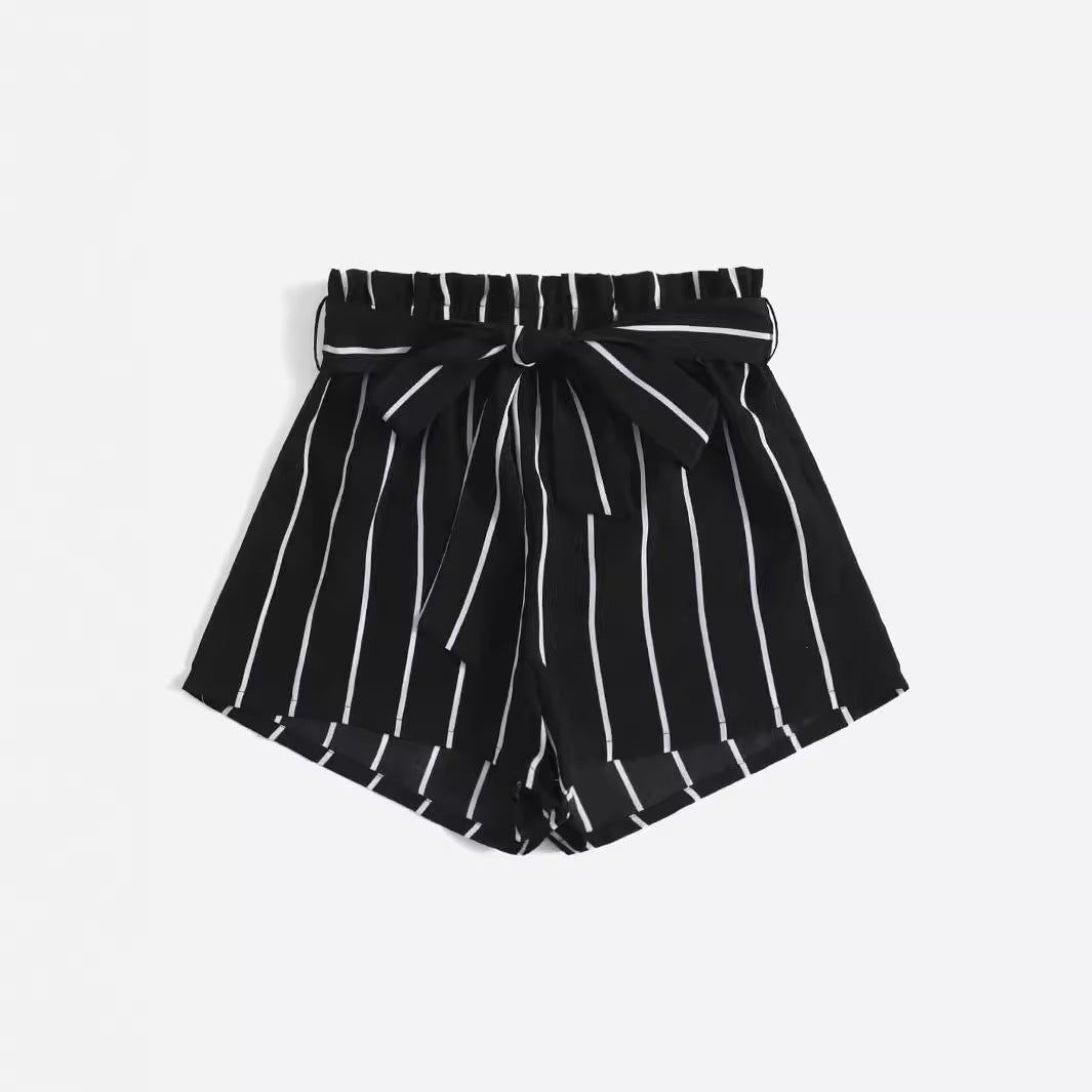 Damen gestreifte Freizeit-Shorts mit elastischem Bund und Bindegürtel