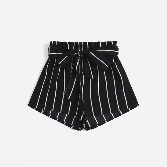 Damen gestreifte Freizeit-Shorts mit elastischem Bund und Bindegürtel