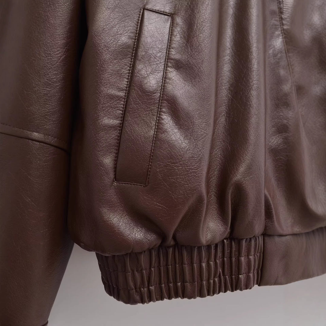 Damen Oversized Kunstlederjacke mit Hemdkragen, durchgehendem Reißverschluss und elastischem Saum Shop Nory