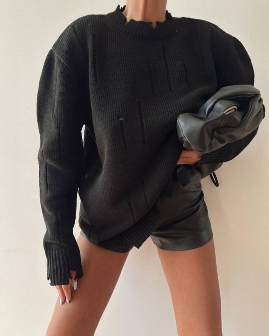 Damen Oversized Grobstrickpullover mit Distressed-Details und geripptem Saum Shop Nory
