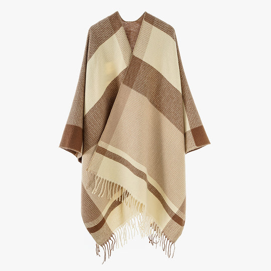 Damen Wollmix-Capeponcho mit V‑Ausschnitt, Blockstreifen und Fransen Shop Nory