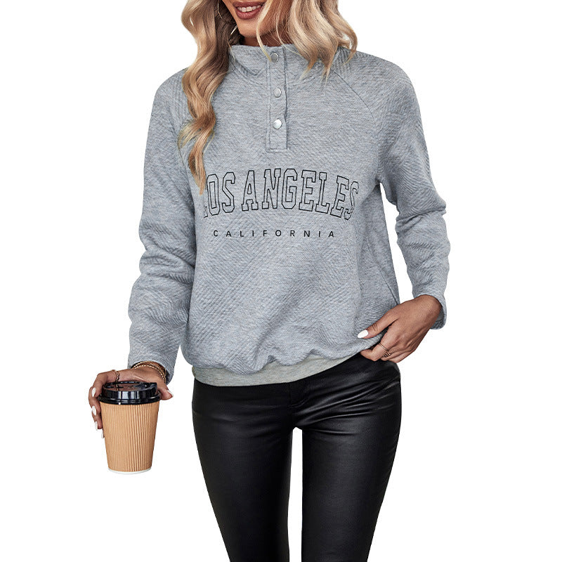 Damen Lockeres College-Sweatshirt mit KnShop Noryelkragen, Rippenbund und großem City-Print Shop Nory