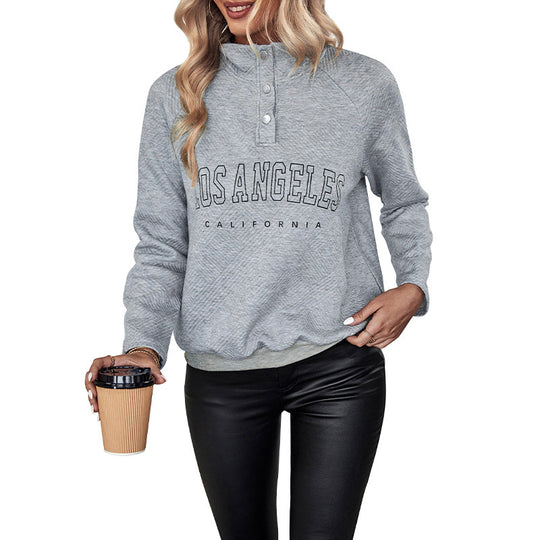 Damen Lockeres College-Sweatshirt mit KnShop Noryelkragen, Rippenbund und großem City-Print Shop Nory