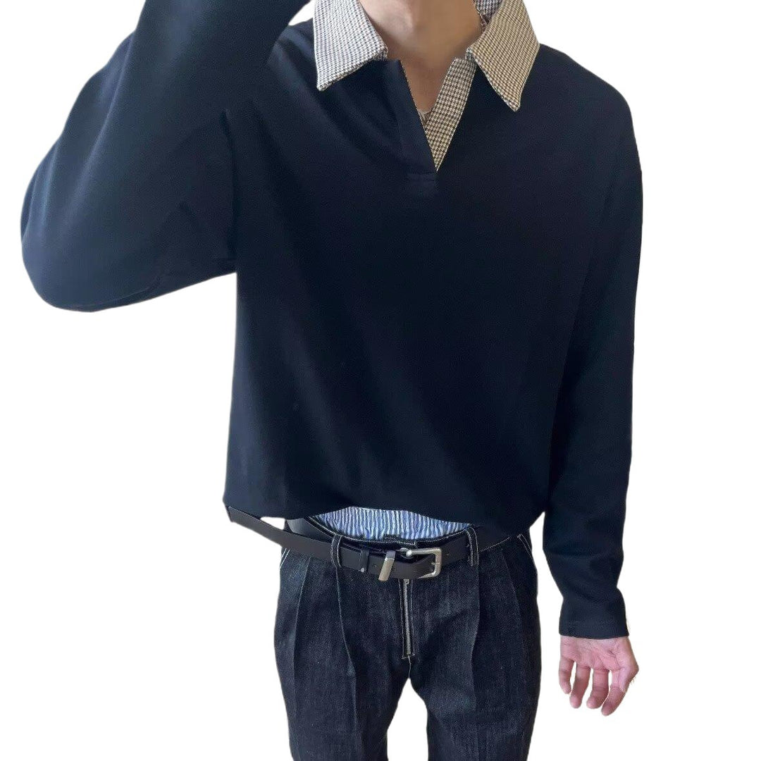 Damen Langärmeliges Polo-Shirt mit kontrastierendem Hahnentrittmuster Kragen Shop Nory