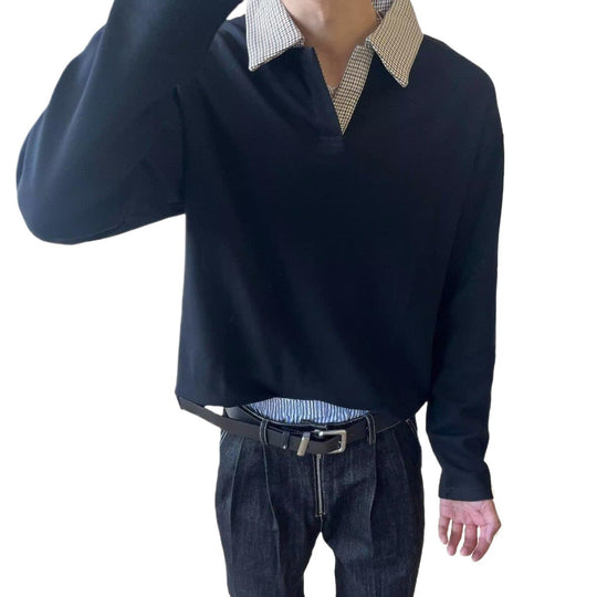 Damen Langärmeliges Polo-Shirt mit kontrastierendem Hahnentrittmuster Kragen Shop Nory