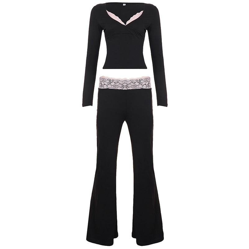 Damen nan Lounge-Set mit Spitzenbund, V-Ausschnitt und ausgestellter Schlaghose Shop Nory