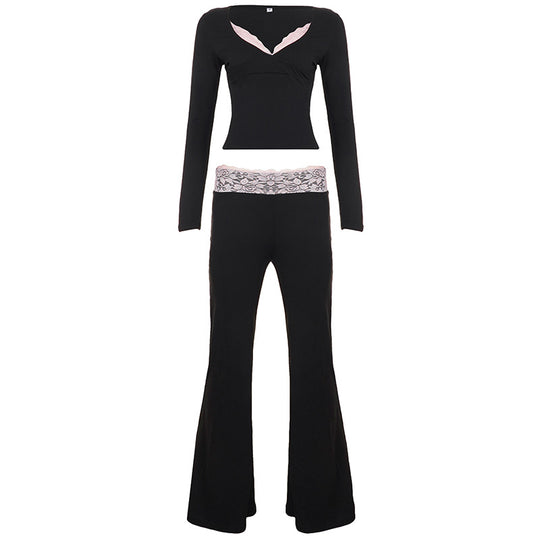 Damen nan Lounge-Set mit Spitzenbund, V-Ausschnitt und ausgestellter Schlaghose Shop Nory