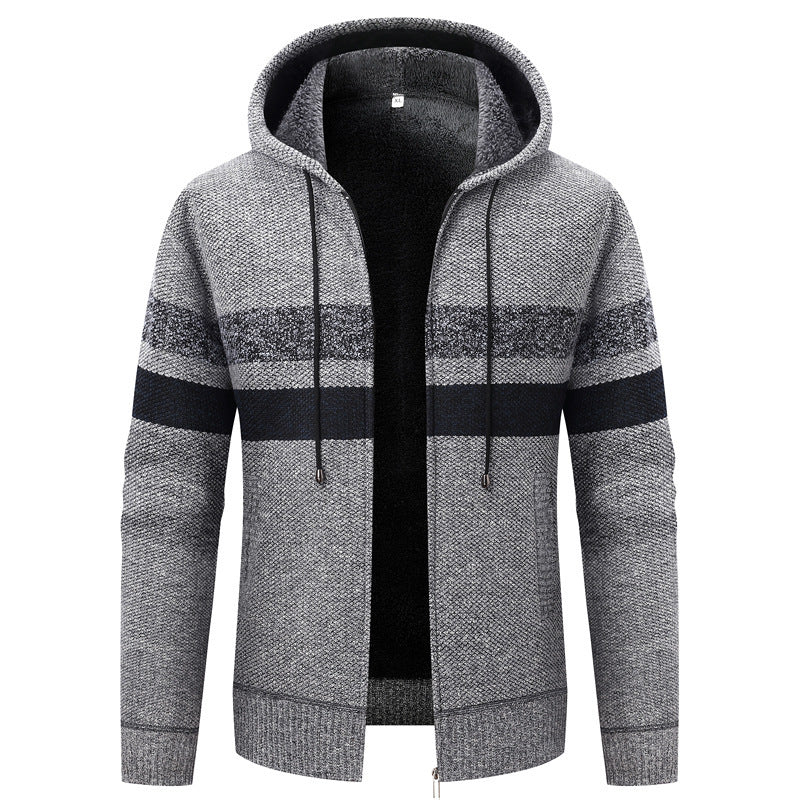 Herren Strick-Ziphoodie mit Teddyfutter, durchgehendem Reißverschluss und Blockstreifen Shop Nory