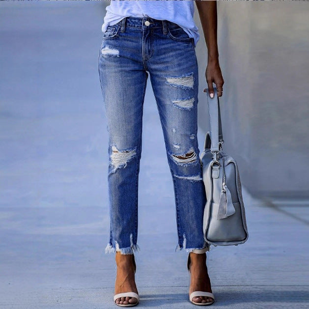 Damen knöchellange gerade geschnittene Destroyed-Jeans mit hoher Taille und ausgefranstem Saum Shop Nory