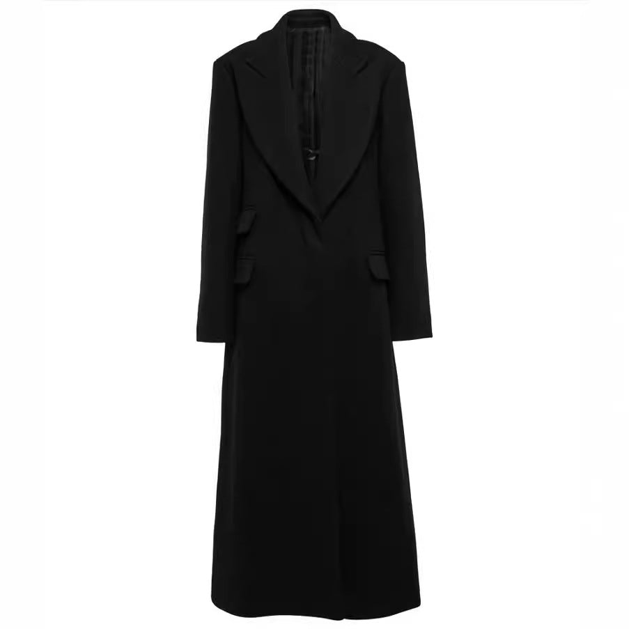 Damen Bodenlanger Longline Einreiher Wollmix-Mantel mit markanter Schulterpartie Shop Nory