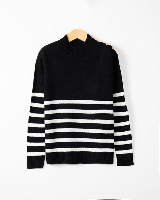 Damen Gestreifter Rollkragenpullover mit dekorativen Schulterknöpfen und Rippbündchen Shop Nory