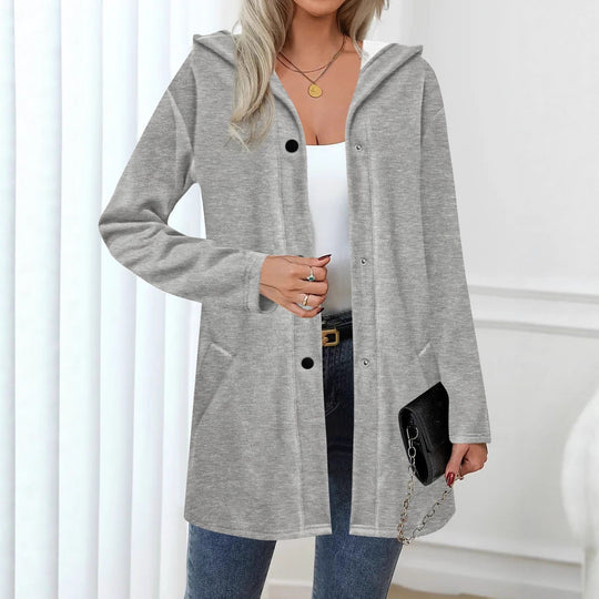 Damen Langer Kapuzenmantel aus weichem Sweat mit Druckknopfverschluss und seitlichen Eingrifftaschen Shop Nory