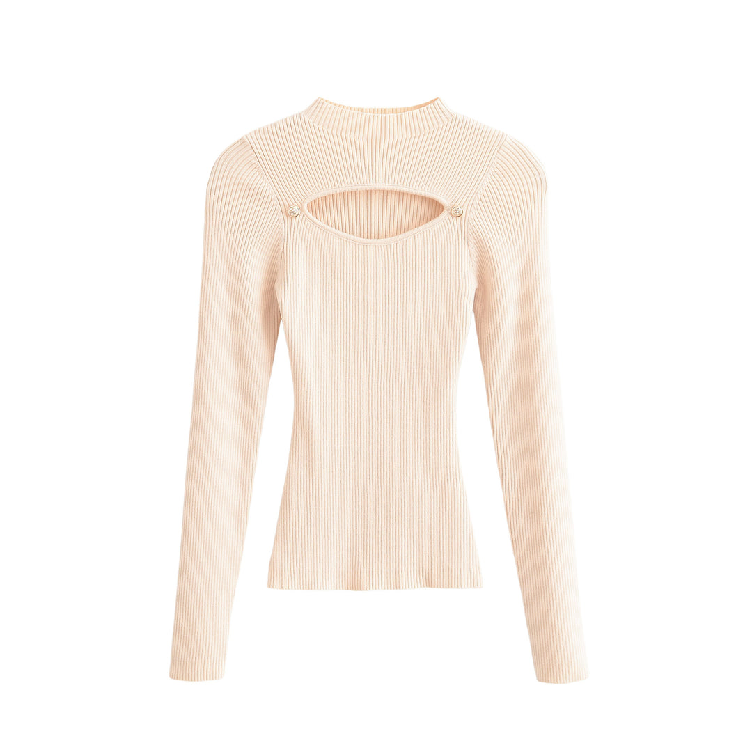 Damen Gerippter Stretch-Feinstrickpullover mit Brust-Cut-Out und Zierknöpfen Shop Nory
