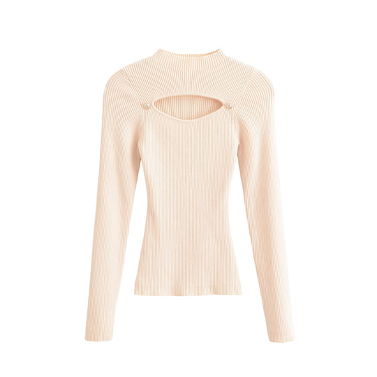 Damen Gerippter Stretch-Feinstrickpullover mit Brust-Cut-Out und Zierknöpfen Shop Nory