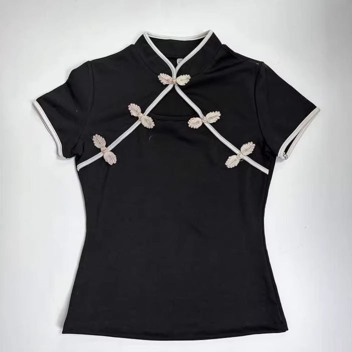 Damen Chinesisch inspirierte Bluse mit modernem Stehkragen und floralen Details