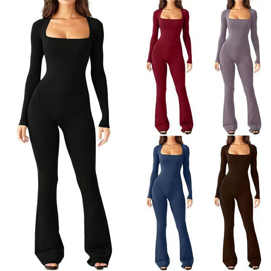 Damen figurbetontes Jumpsuit mit quadratischem Ausschnitt, langen Ärmeln und ausgestellt Bein Shop Nory