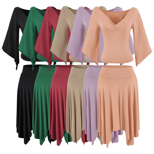 Damen Zweiteiliges Set aus drapiertem Top mit Fledermausärmeln und asymmetrischem Tellerrock Shop Nory
