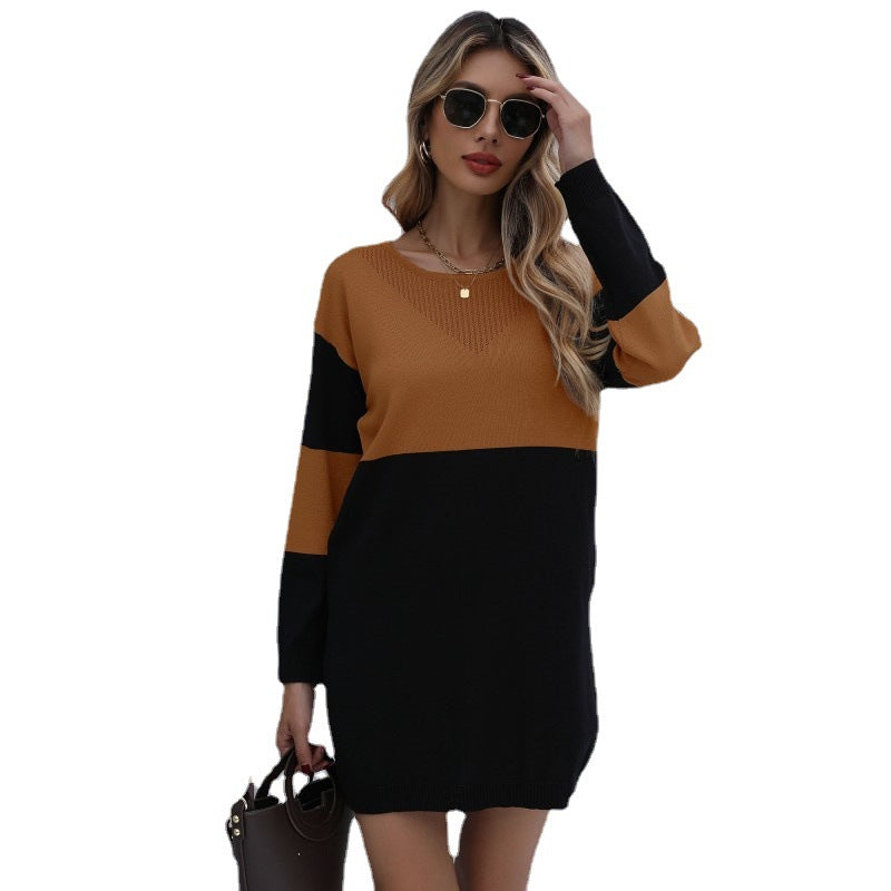 Damen Feinstrick-Minikleid mit Colorblock-Design, V‑Ajour-Ausschnitt und geripptem Saum Shop Nory