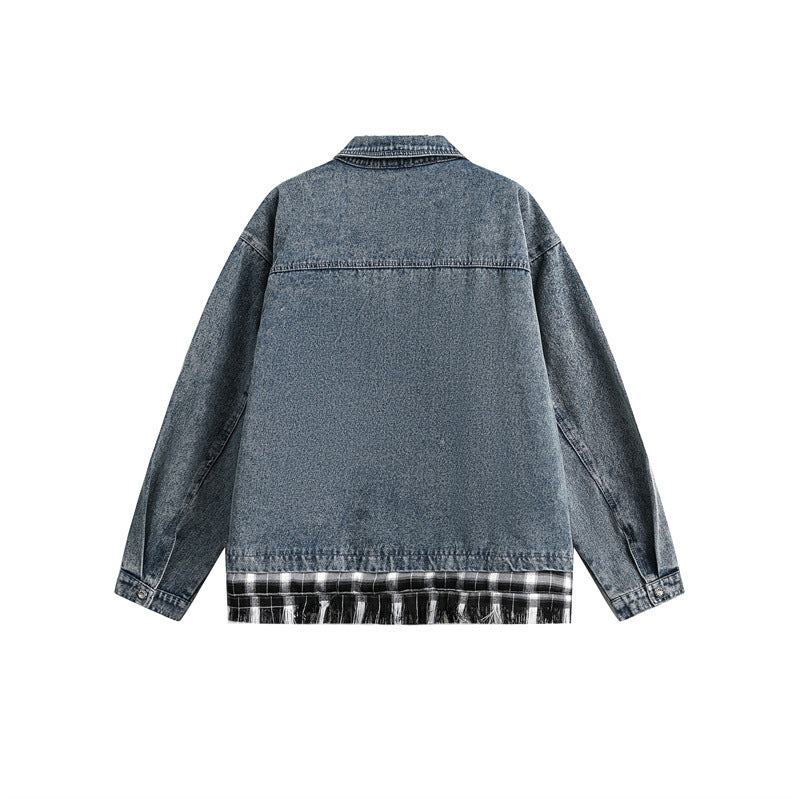 Unisex Kastig geschnittener Denim-Blouson im Lagenlook mit karierter Innenlage Shop Nory