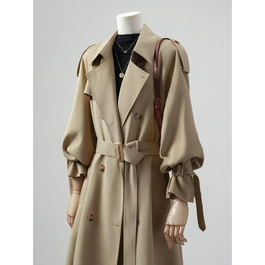 Damen Doppelreihiger Trenchcoat mit Taillengürtel und Ballonärmeln Shop Nory