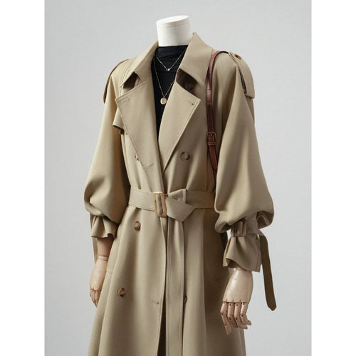 Damen Doppelreihiger Trenchcoat mit Taillengürtel und Ballonärmeln Shop Nory