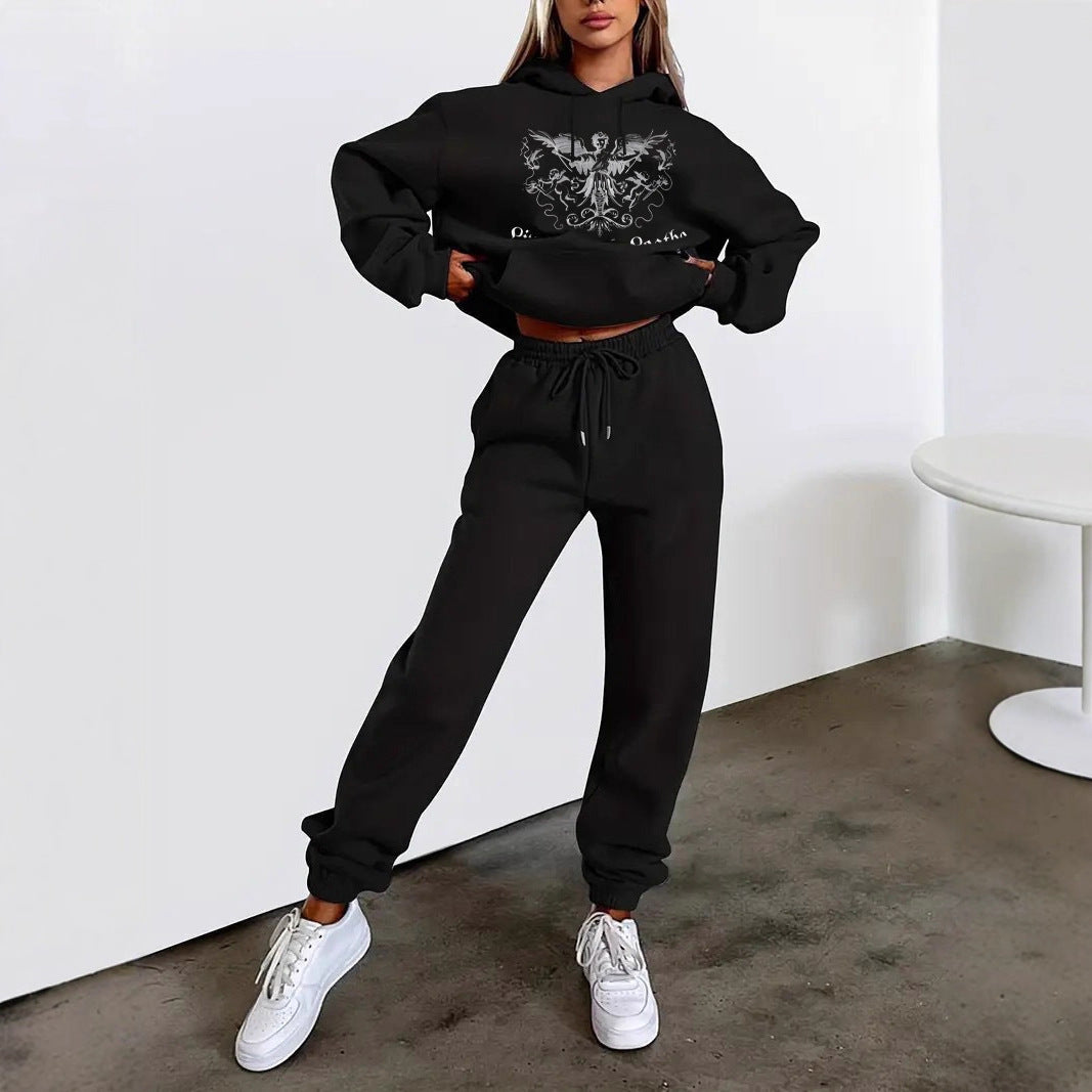 Damen nan zweiteiliges Lounge-Set Kapuzenpullover Cropped und High-Waist Jogginghose mit Engelsmotiv und elastischem Bund Shop Nory