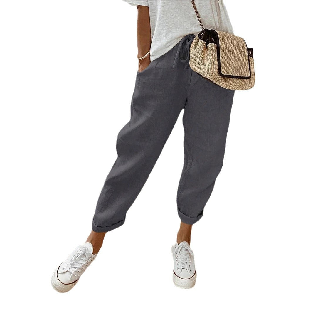 Damen Lässige Leinen-Hose mit elastischem Bund und praktischen Taschen