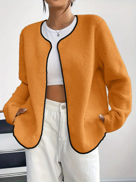 Damen Kurzjacke Teddy-Fleece Cardigan ohne Verschluss mit Rundhals Shop Nory